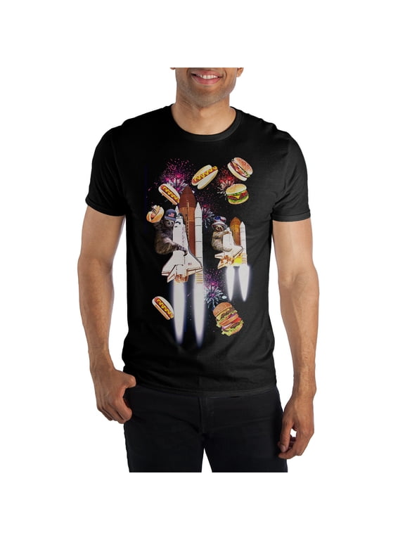 Celebration Sloth Space Shuttle Firework Party With Hamburgers & Hotdogs Men's Black T-Shirt Tee Shirt-X-Large