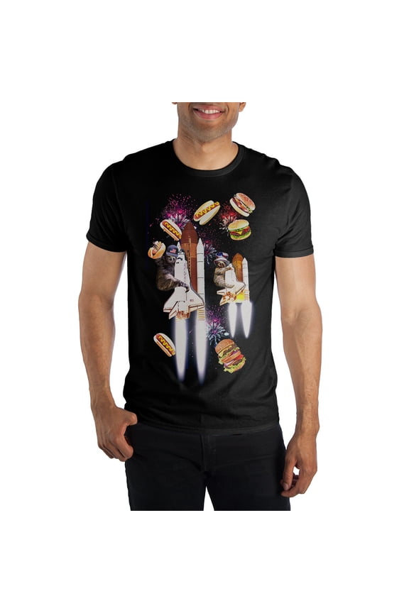 Celebration Sloth Space Shuttle Firework Party With Hamburgers & Hotdogs Men's Black T-Shirt Tee Shirt-XX-Large