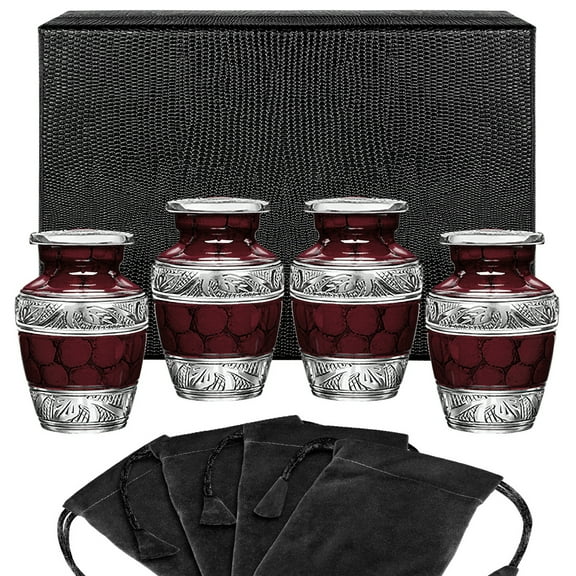 Celebration of Life Red Small Keepsake Urns For Cremation Ashes In Home - Set of 4 with Velvet Bags