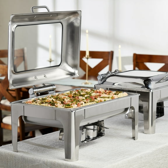 Celebrations by Denmark Tools for Cooks 6 Piece 9.5-Quart Stainless Steel Rectangular Chafing Dish Set Soft Close Lid with Glass Window for Catering Serving