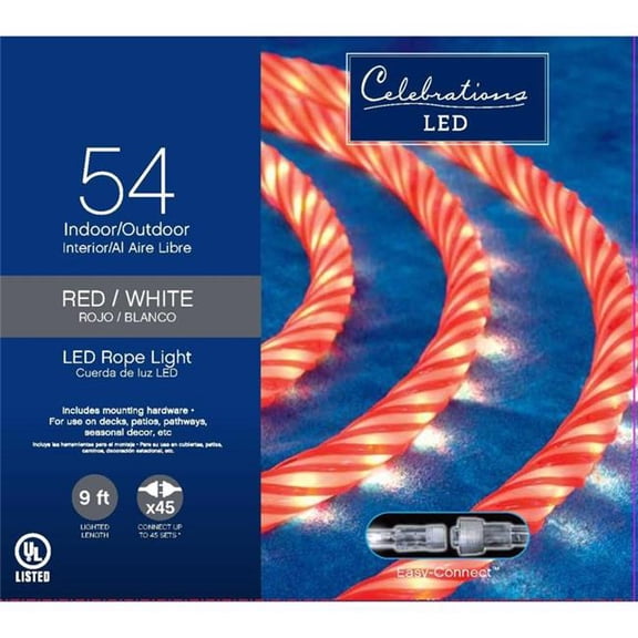 Celebrations 9096577 LED 54 Count Rope Christmas Lights, Red & White - 9 ft.