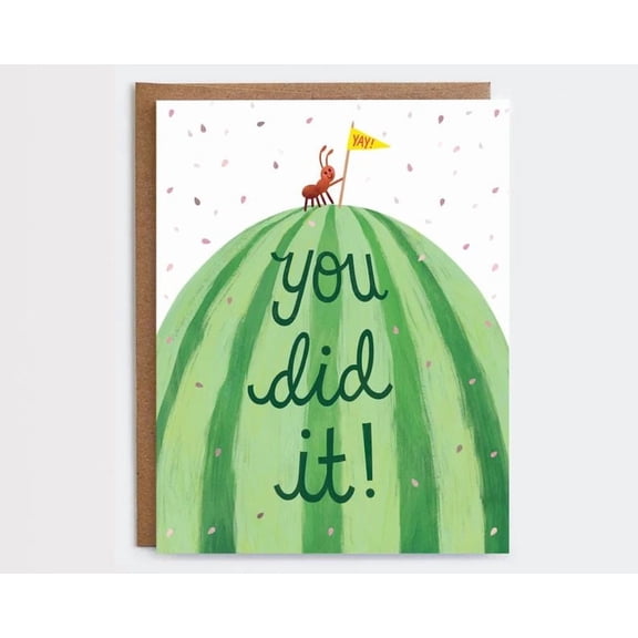 Celebratory Card – "You Did It!” Watermelon Design with Cheerful Ant – Blank Inside, Includes Envelope – Perfect for Achievements, Graduations, or Any Special Occasion