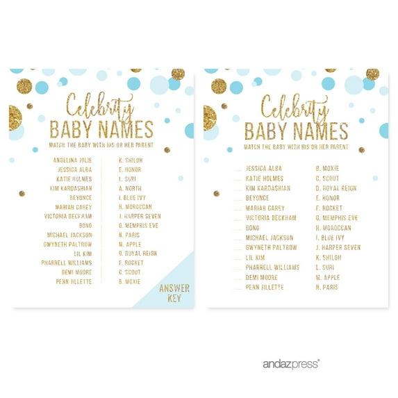 Celebrity Name Game Baby Blue Gold Glitter Baby Shower Games, 20-Pack