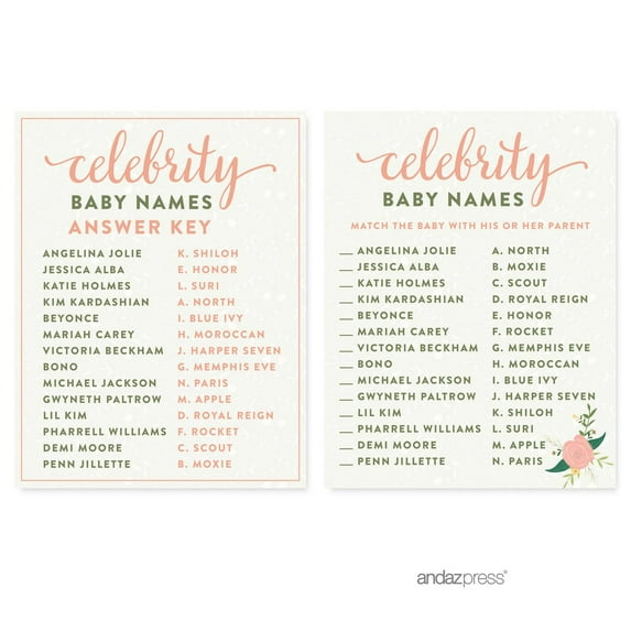 Celebrity Name Game Floral Roses Girl Baby Shower Game, 20-Pack