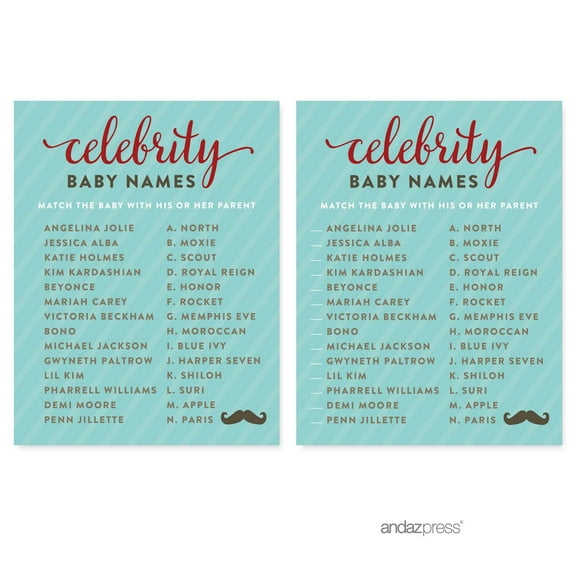Celebrity Name Game  Lil Man Mustache Boy Baby Shower Games, 20-Pack