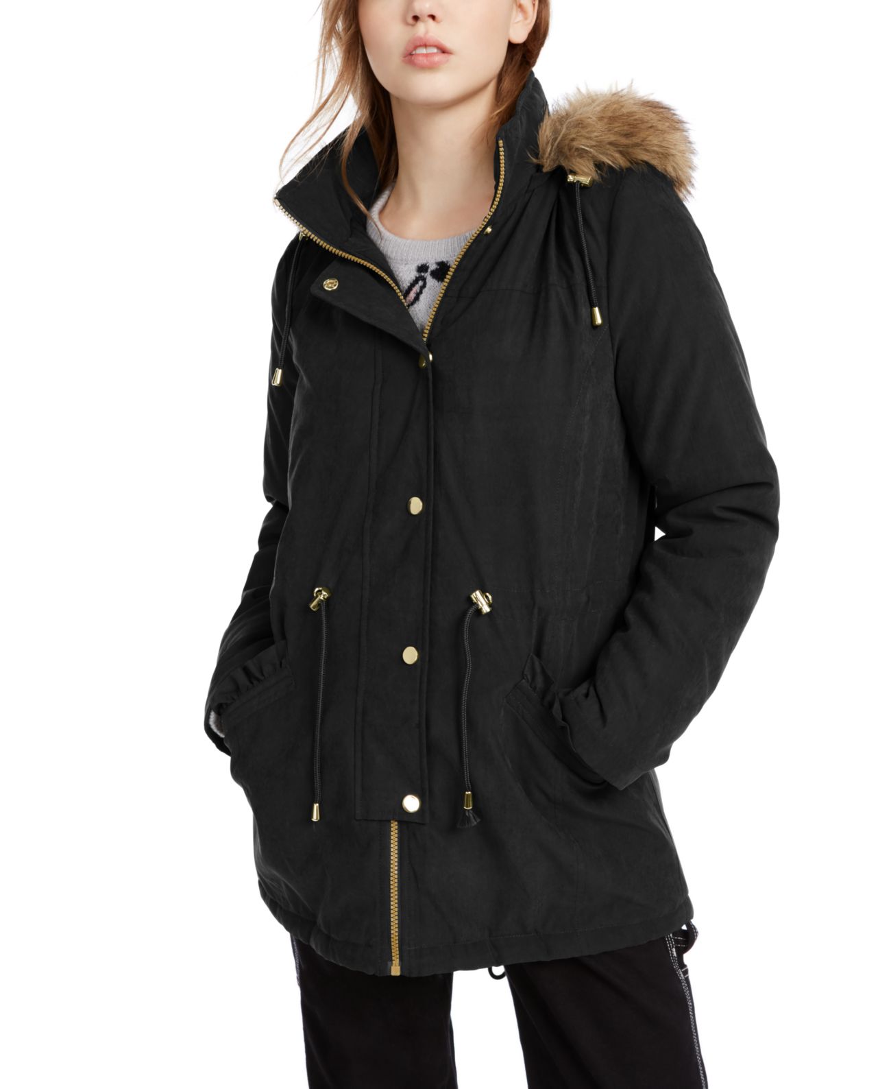 Celebrity Pink Juniors&#8217; Faux-Fur Trim Hooded Parka Coats, Black, Small - image 1 of 4