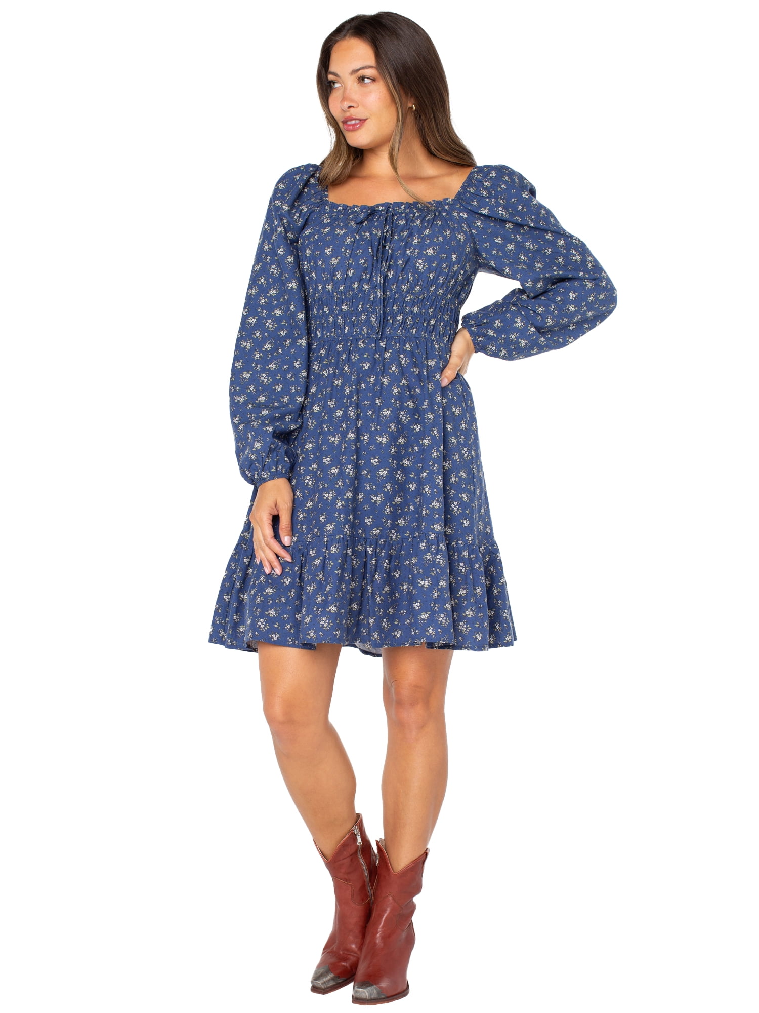 Celebrity Pink Women’s and Women’s Plus Floral Print Babydoll Dress with Long Sleeves, Sizes XS-4X