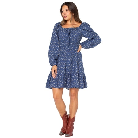Celebrity Pink Women’s and Women’s Plus Floral Print Babydoll Dress with Long Sleeves, Sizes XS-4X