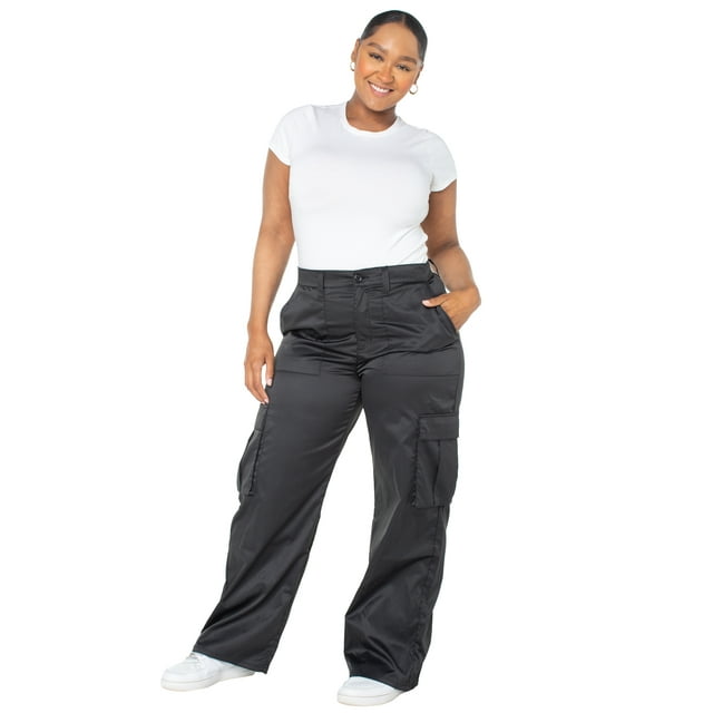 Celebrity Pink Women's and Women's Plus Satin High Rise Wide Leg Cargo ...
