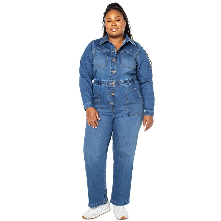 Celebrity Pink Juniors' Plus Size Denim Boiler Suit with Long Sleeves, 29”  Inseam 