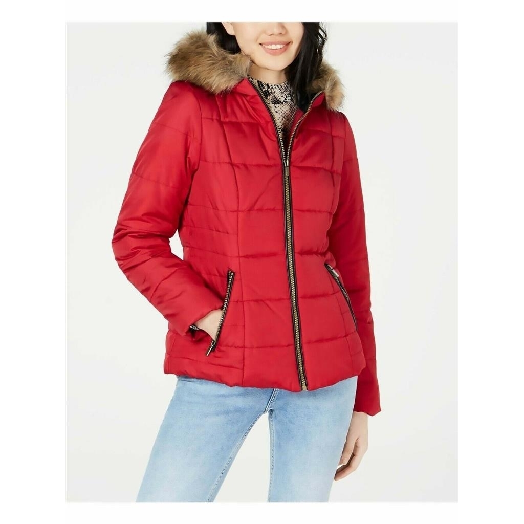 Celebrity Pink Juniors' Puffer Coat with Faux Fur Trim Hood, TRUE RED, L New with box/tags - image 1 of 4