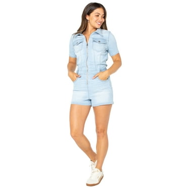 Celebrity Pink Juniors Zip Front Denim Romper, Sizes XS-XXXL