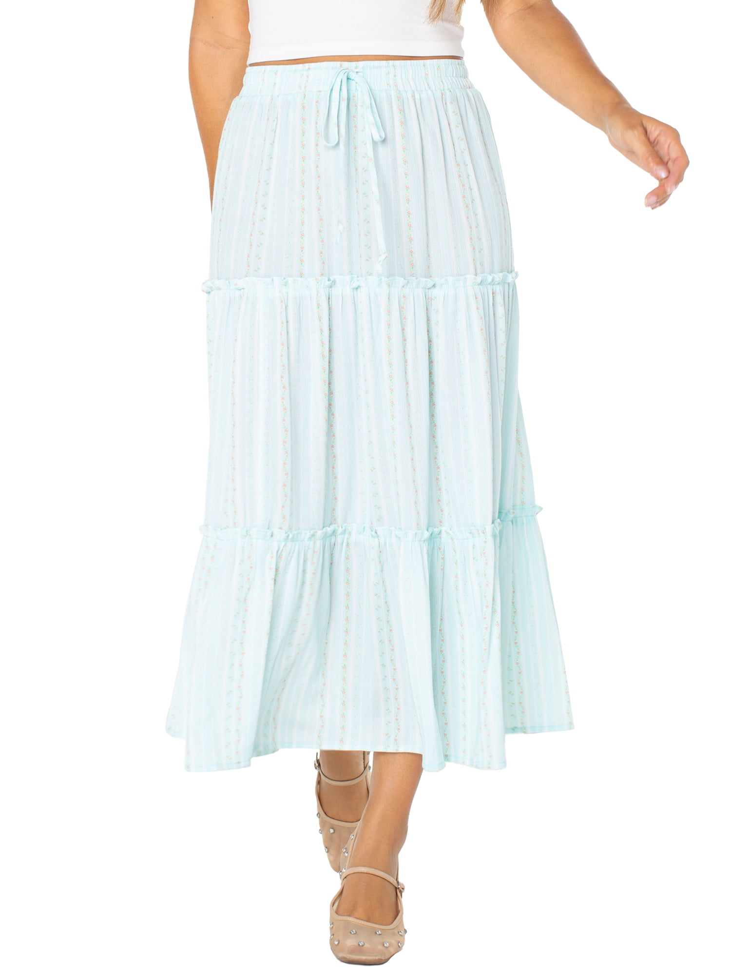 Celebrity Pink Women's and Women's Plus Floral Print Tiered Maxi Skirt, Sizes XS-4X