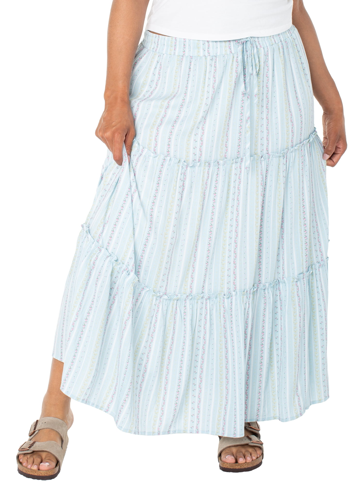 Celebrity Pink Women's and Women's Plus Floral Print Tiered Maxi Skirt, Sizes XS-4X