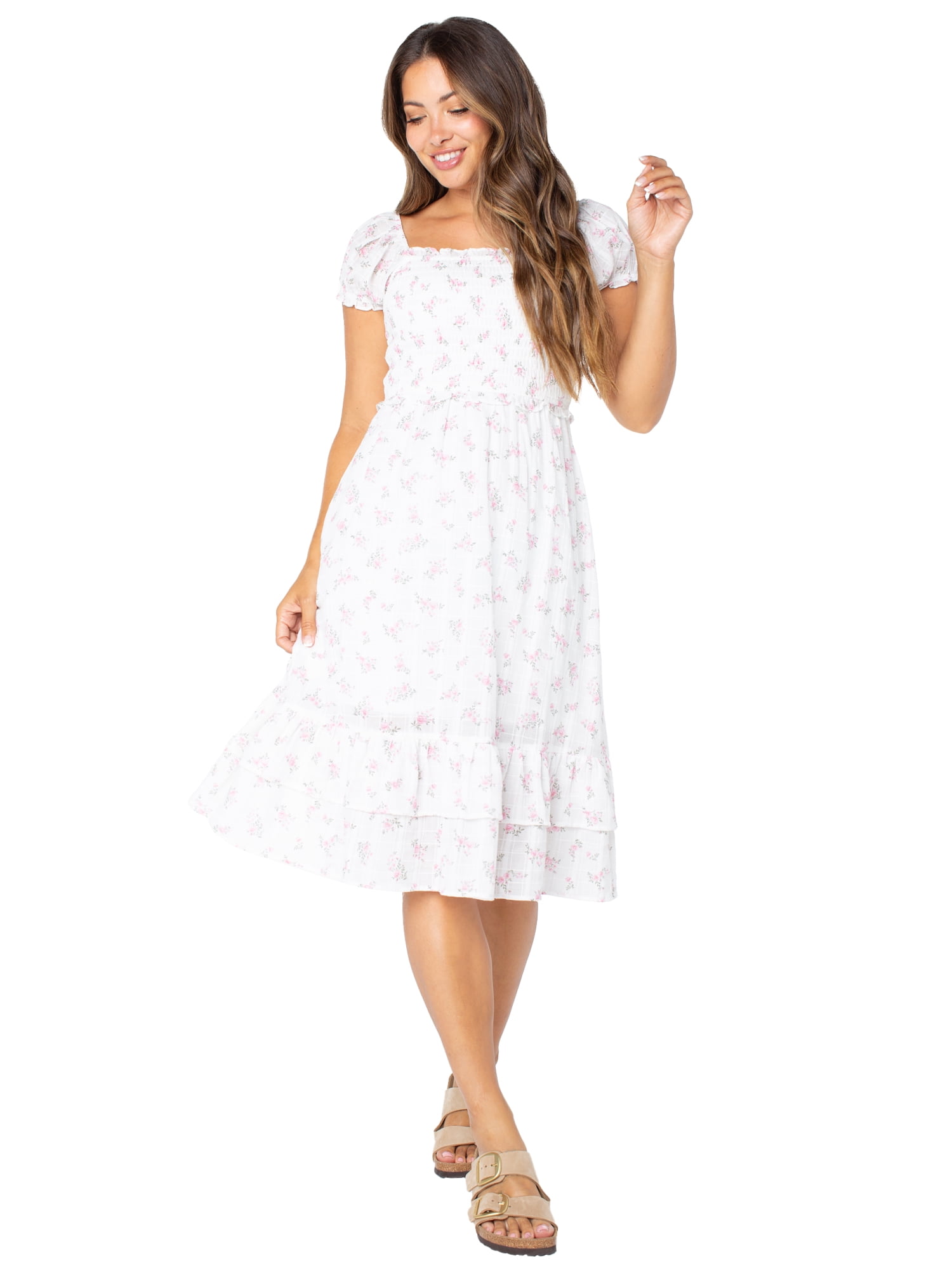 Celebrity Pink Puff Sleeve Midi Dress with Ruffle Details, Women's and Women's Plus