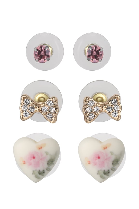 Women's Bow & Heart Earring Set - 3 Pairs