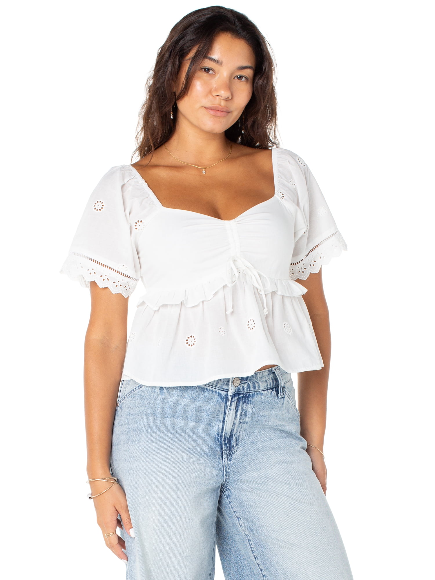 Celebrity Pink Women's Embroidered Eyelet Peplum Top, Sizes XS-XXXL