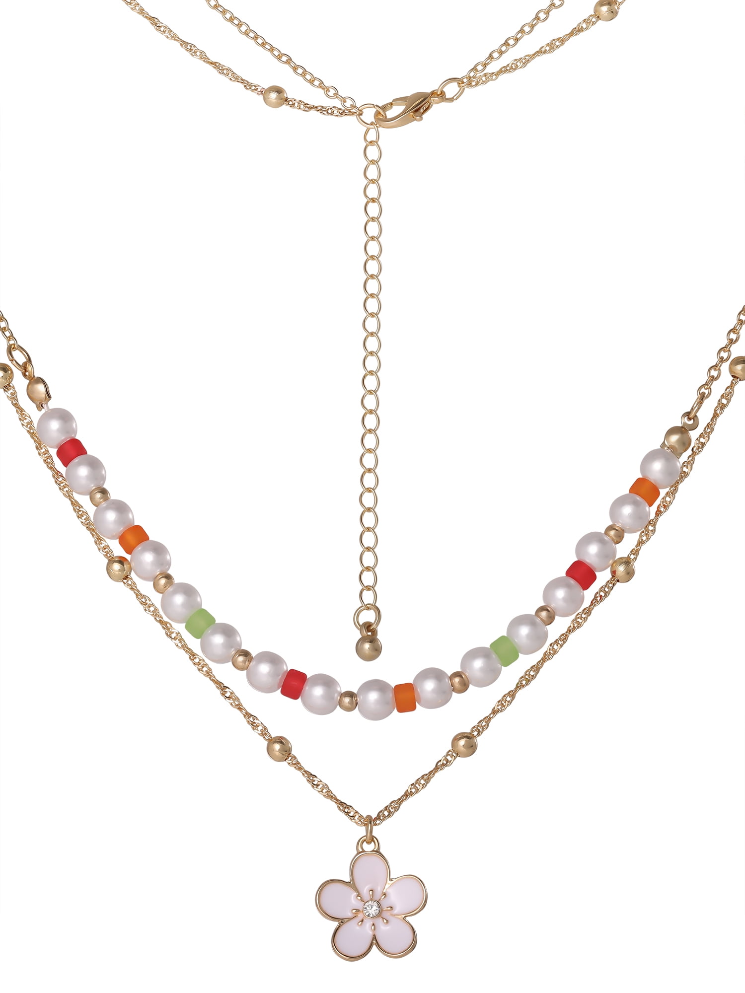 Celebrity Pink Women's Layered Flower Charm Necklace with Adjustable Chain