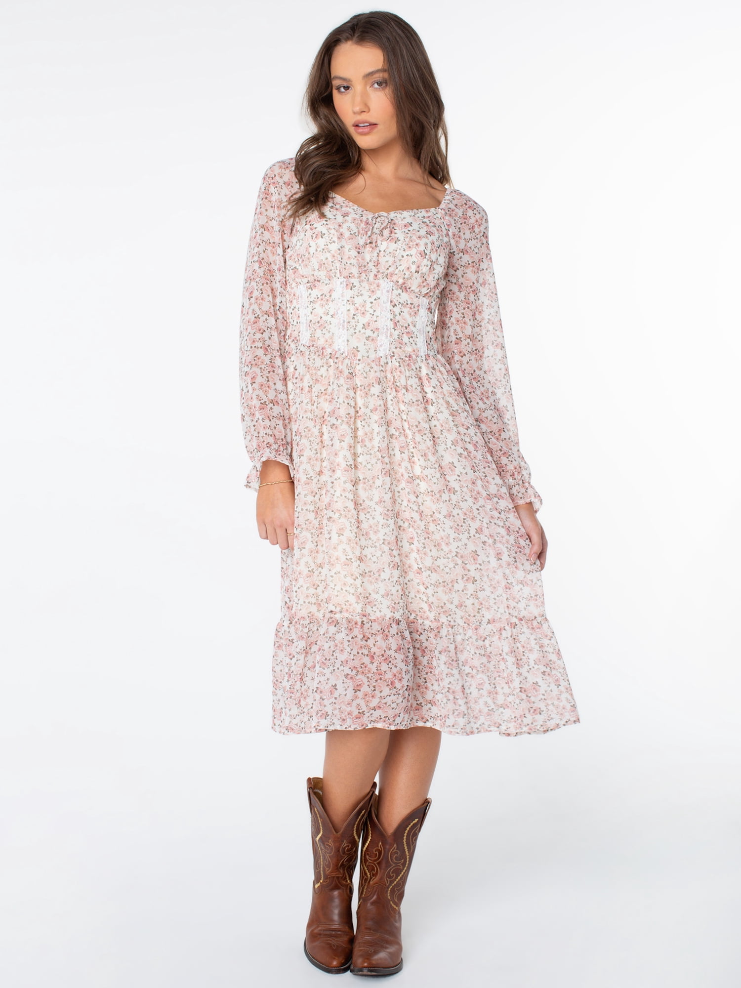 Celebrity Pink Women's Long Sleeve Basque Waist Midi Dress, Sizes XS-XXXL