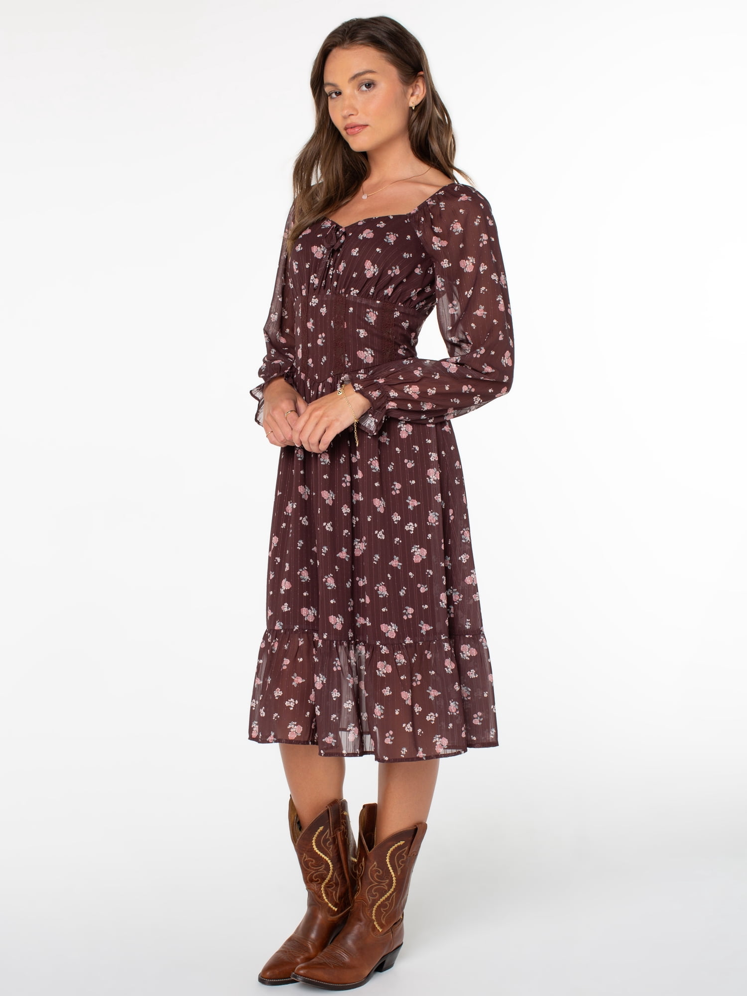 Celebrity Pink Women's Long Sleeve Basque Waist Midi Dress, Sizes XS-XXXL