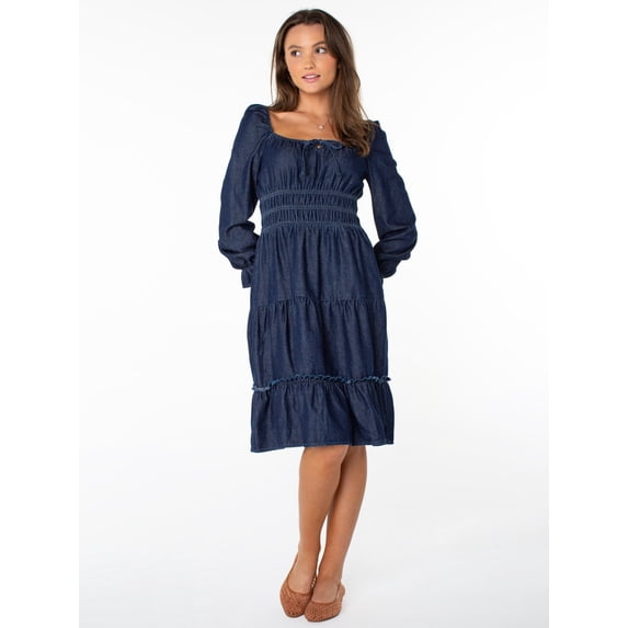 Celebrity Pink Women's Long Sleeve Lace Trim Midi Dress, Sizes XS-XXXL