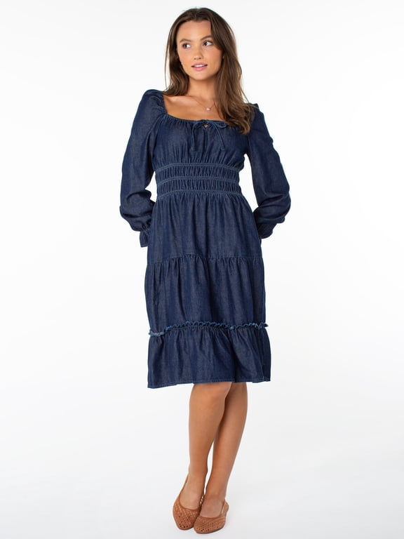 Women's Long Sleeve Lace Trim Midi Dress, Sizes XS-XXXL