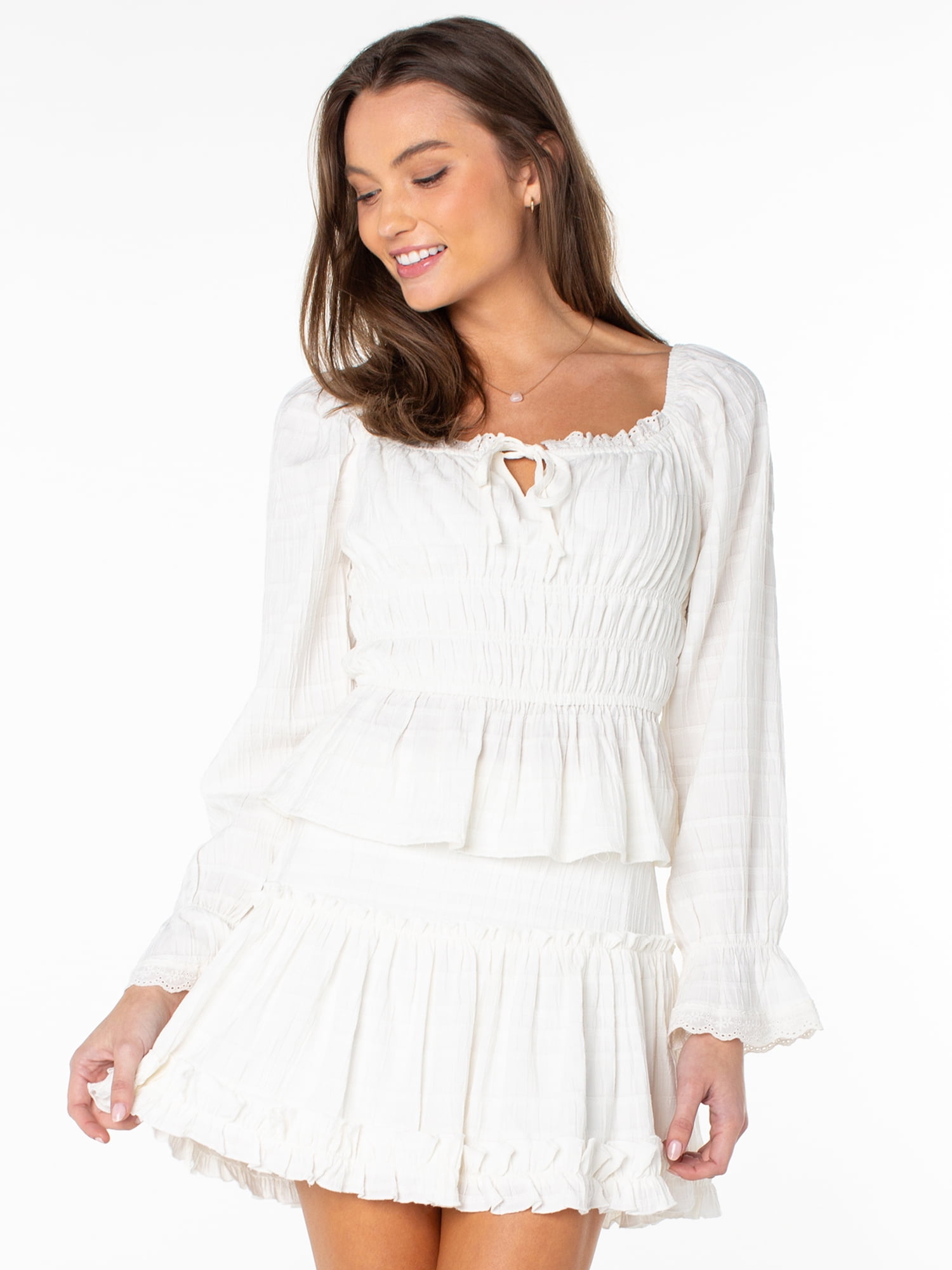 Celebrity Pink Women's Long Sleeve Square Neck Lace Trim Top, Sizes XS-XXXL