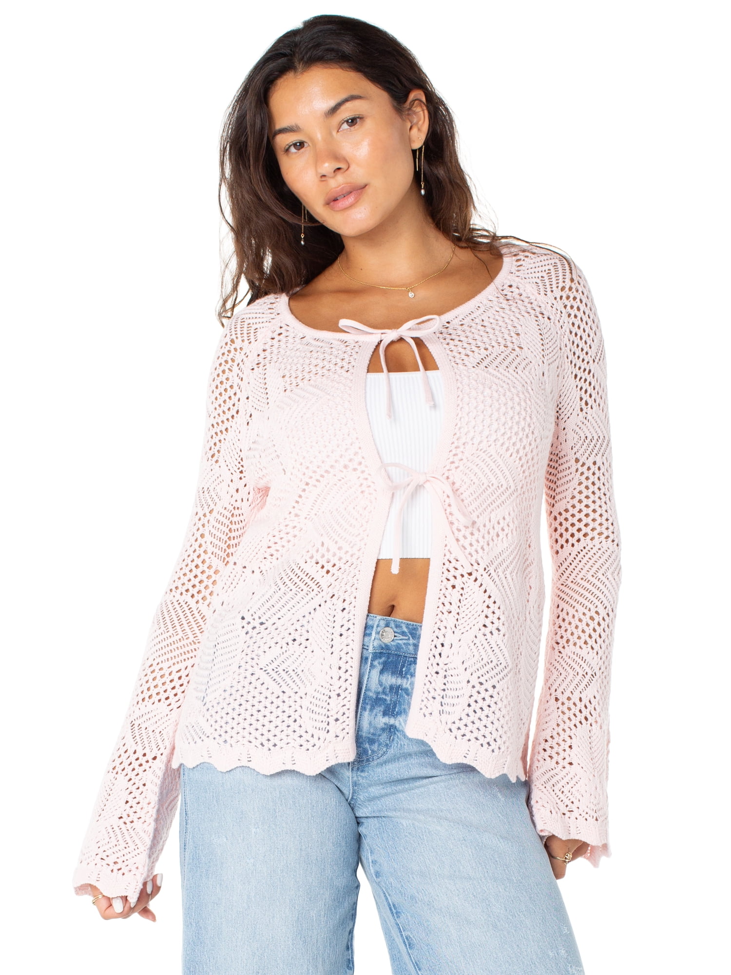 Celebrity Pink Women's Long Tie Front Crochet Cardigan, Sizes XS-XXXL