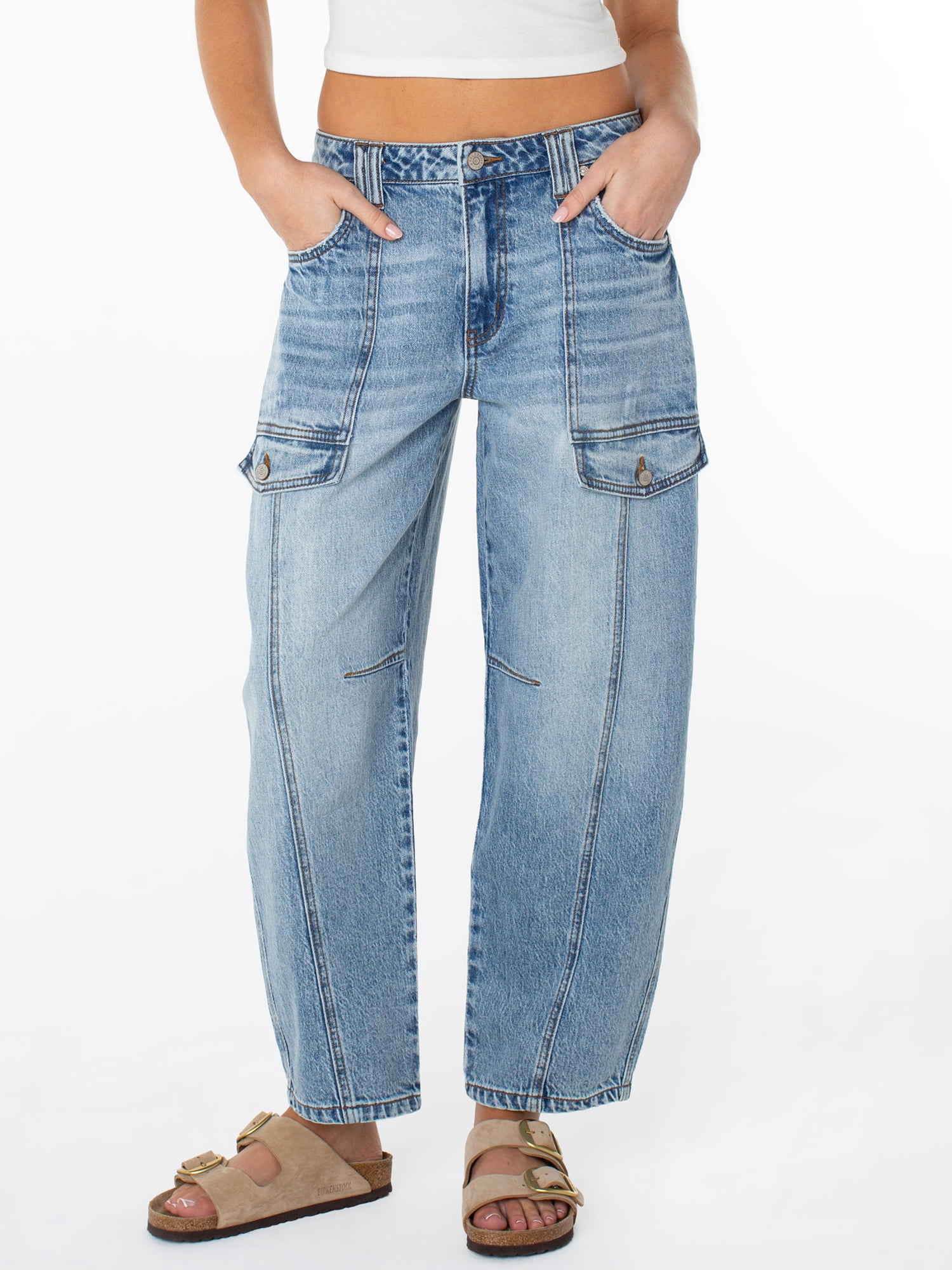 Celebrity Pink Women's Mid Rise Utility Barrel Jeans, Sizes 1-21