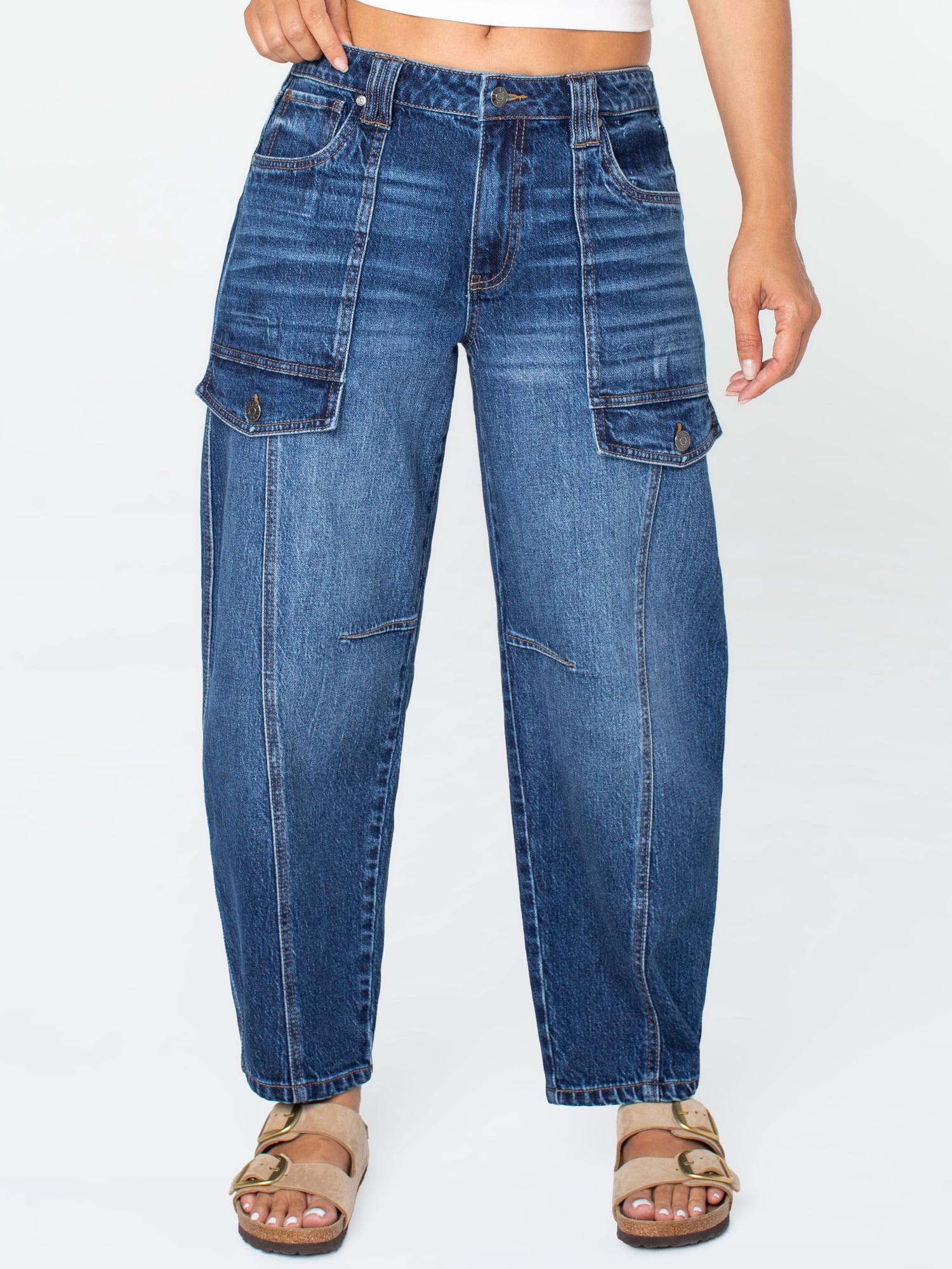 Celebrity Pink Women's Mid Rise Utility Barrel Jeans, Sizes 1-21