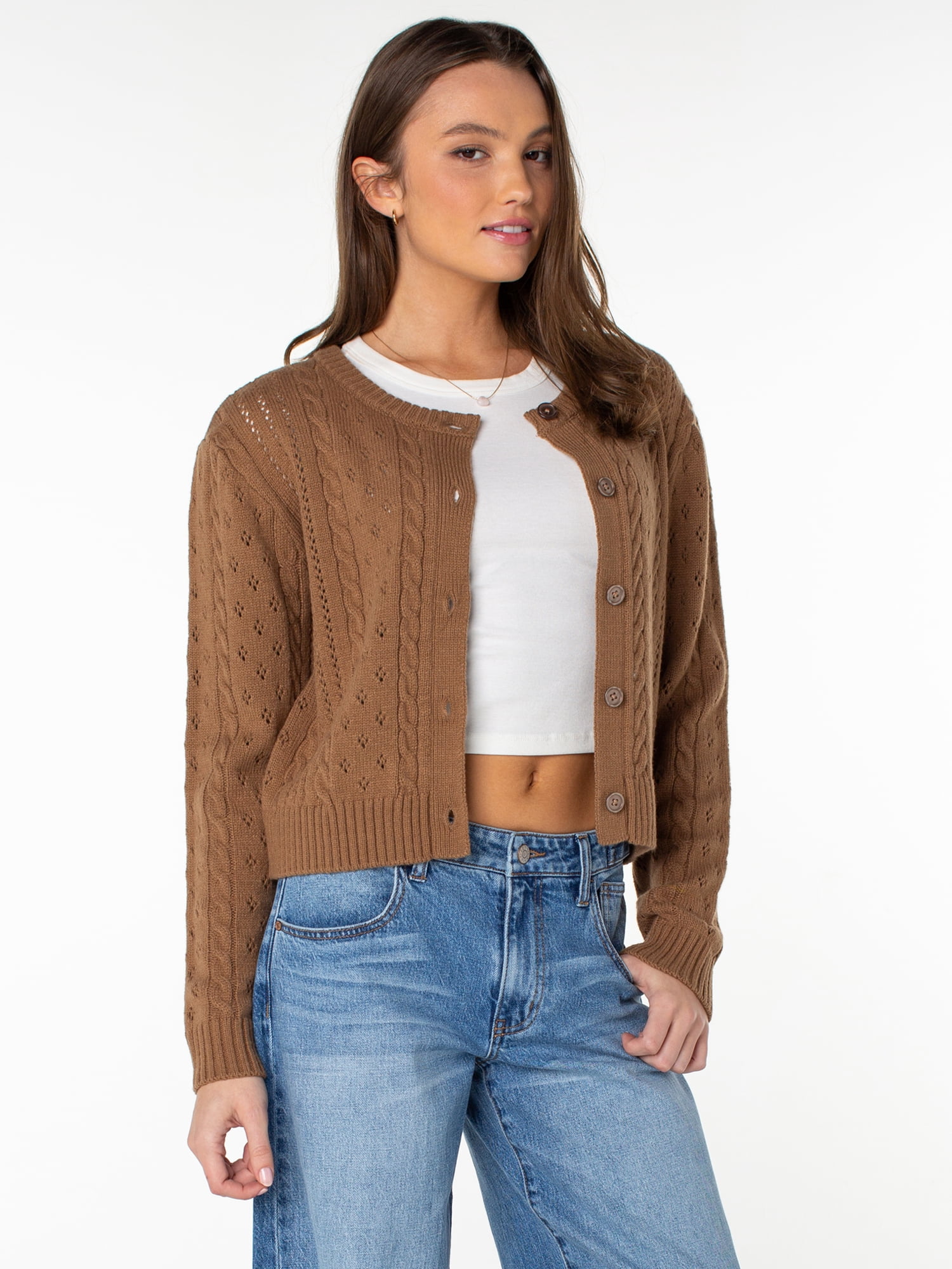 Celebrity Pink Women's Pointelle Crew Neck Cardigan Sweater, Sizes XS-4X