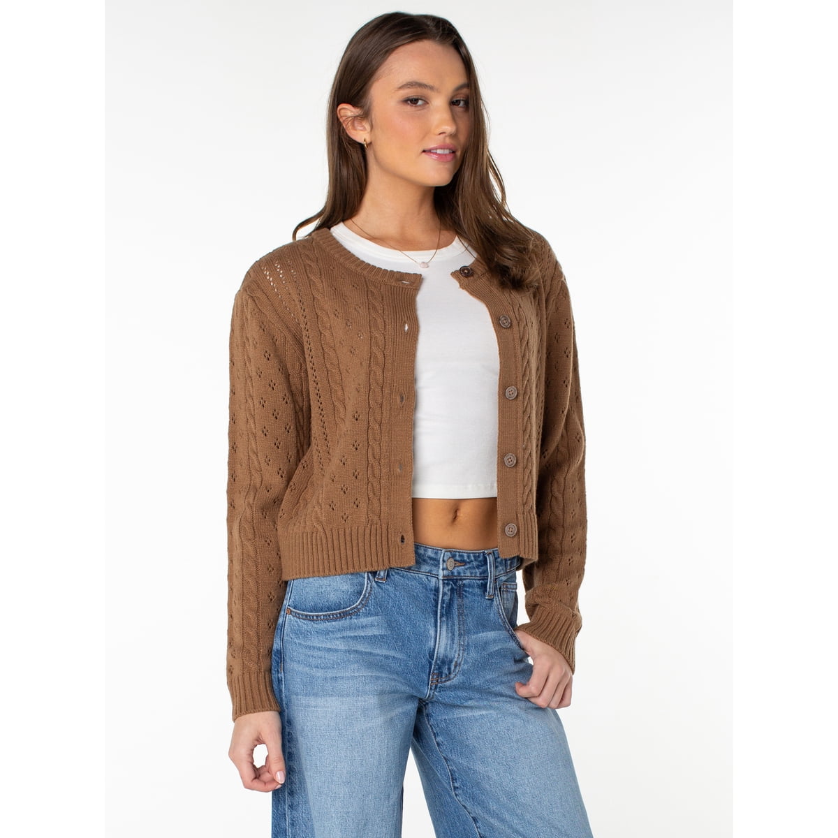 Celebrity Pink Women's Pointelle Crew Neck Cardigan Sweater, Sizes XS-4X