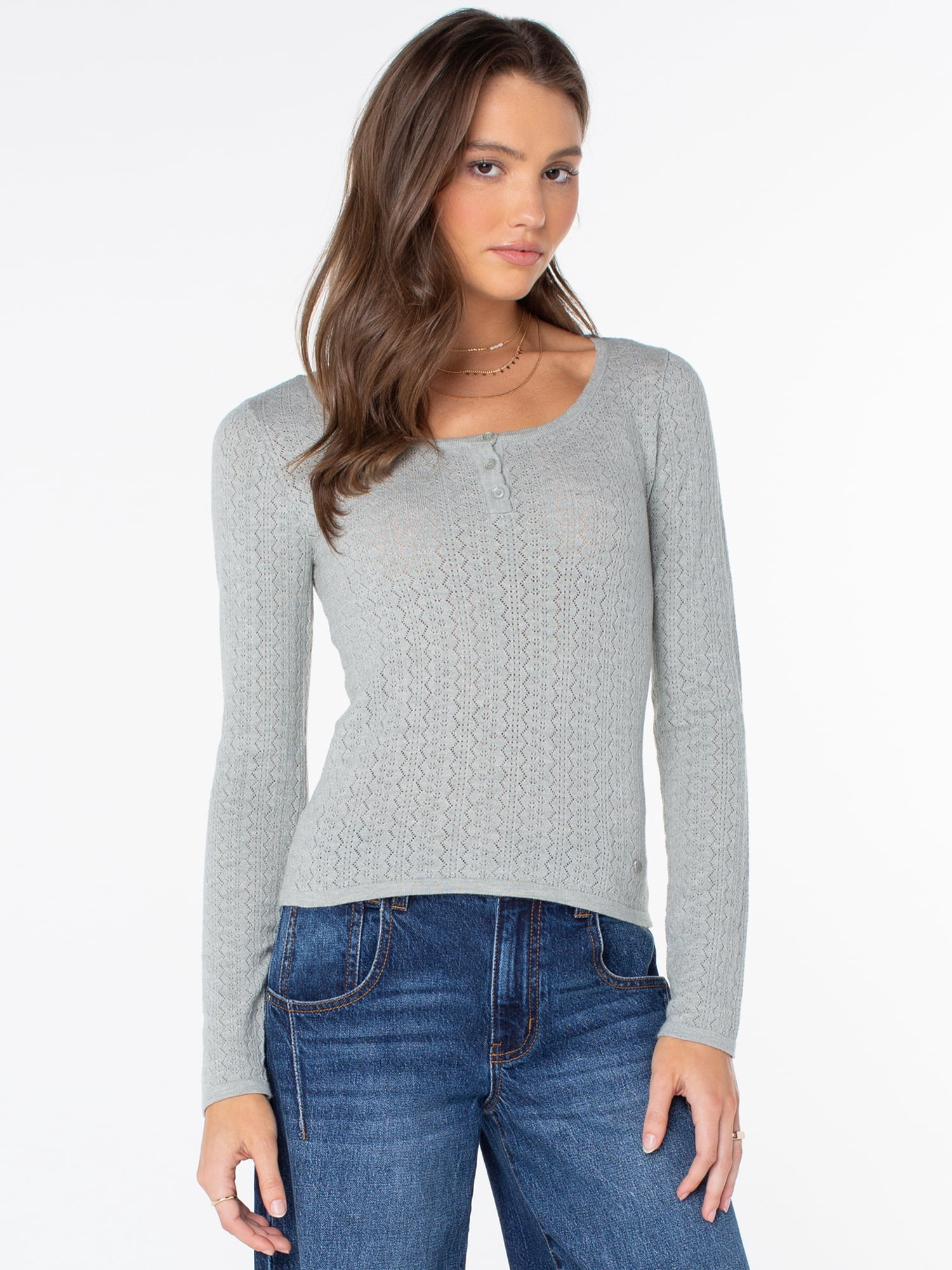 Celebrity Pink Women's Pointelle Henley Long Sleeve Top, Sizes XS-XXXL