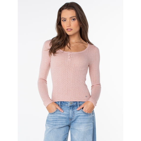 Celebrity Pink Women's Pointelle Henley Long Sleeve Top, Sizes XS-XXXL