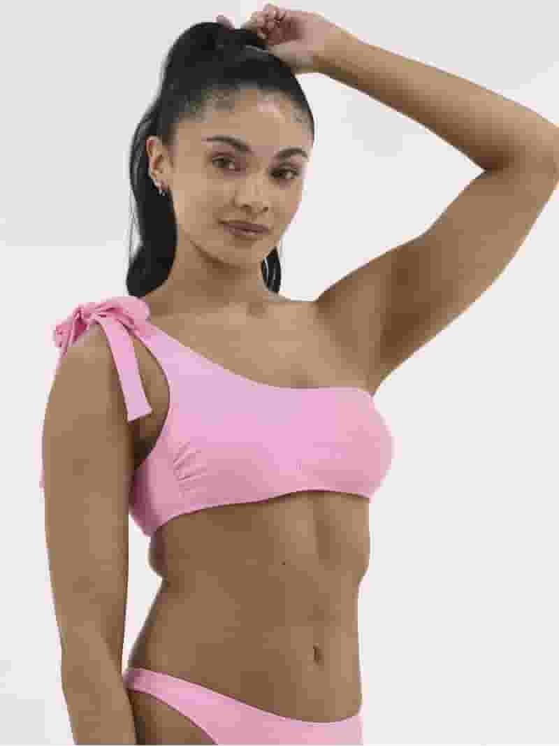 ★PLAGE_seoul★ High Neck Swimsuit_Indie Pink Celebrity Pink Women's Ribbed One-Shoulder Bikini Top, Sizes