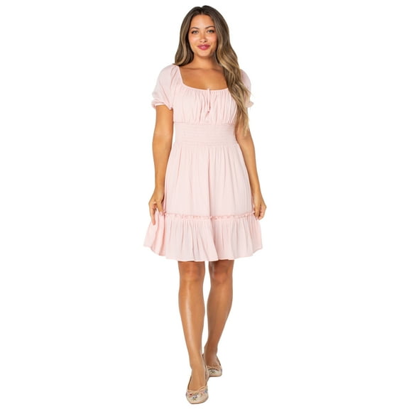 Celebrity Pink Women's Smocked Waist Dress with Short Puff Sleeves, Sizes XS-XXXL