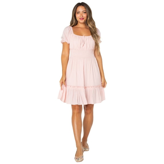 Celebrity Pink Women's Smocked Waist Dress with Short Puff Sleeves, Sizes XS-XXXL