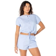 Women's and Women's Plus Button Front Puff Sleeve Top with Ties, Sizes XS-XXXL
