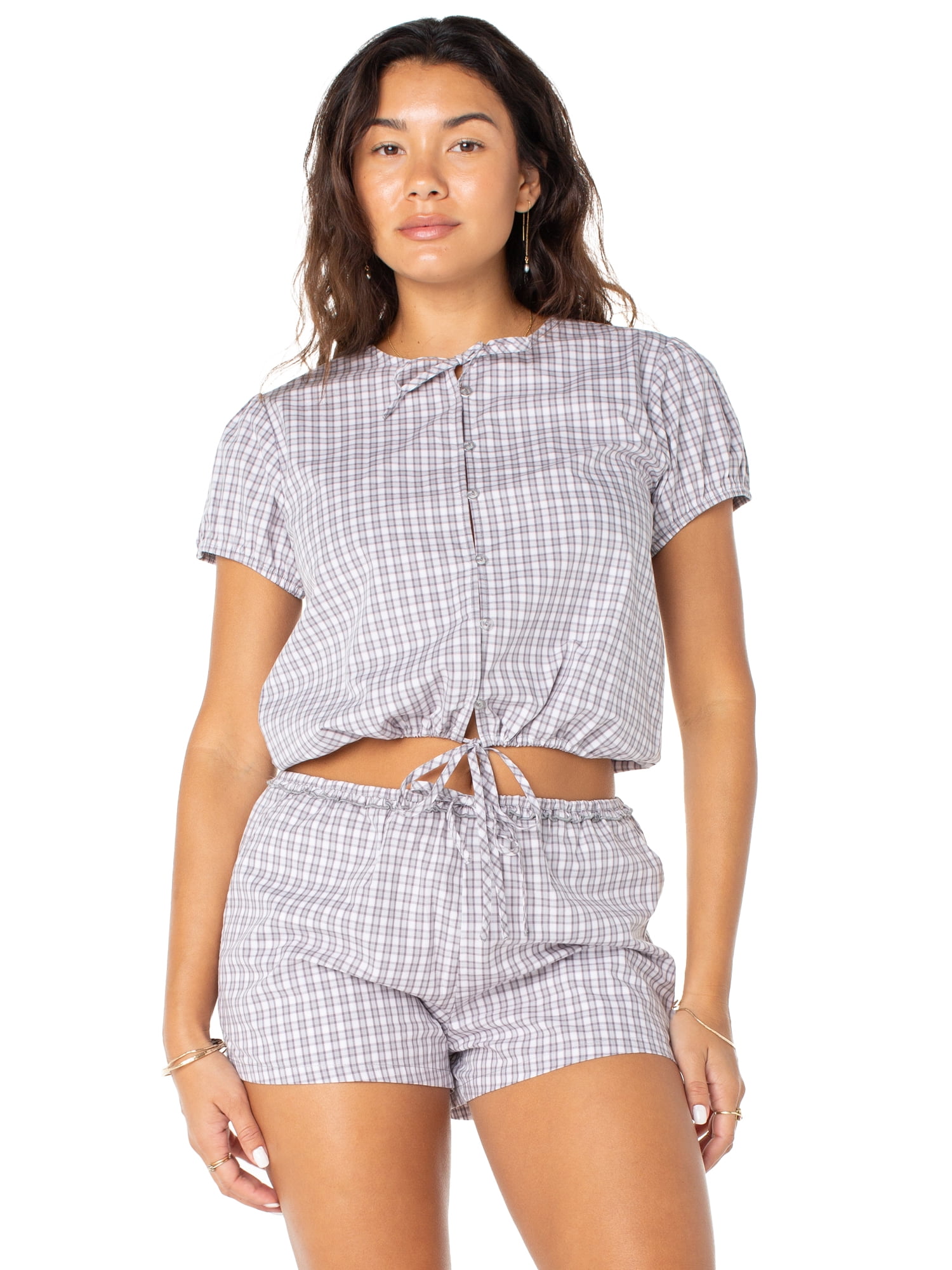 Celebrity Pink Women's and Women's Plus Button Front Puff Sleeve Top with Ties, Sizes XS-XXXL