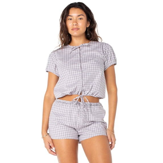 Celebrity Pink Women's and Women's Plus Button Front Puff Sleeve Top with Ties, Sizes XS-XXXL