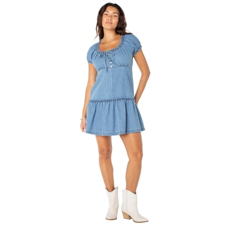 Celebrity Pink Women’s and Women's Plus Denim Mini Dress with Puff Sleeves, Sizes XS-XXXL