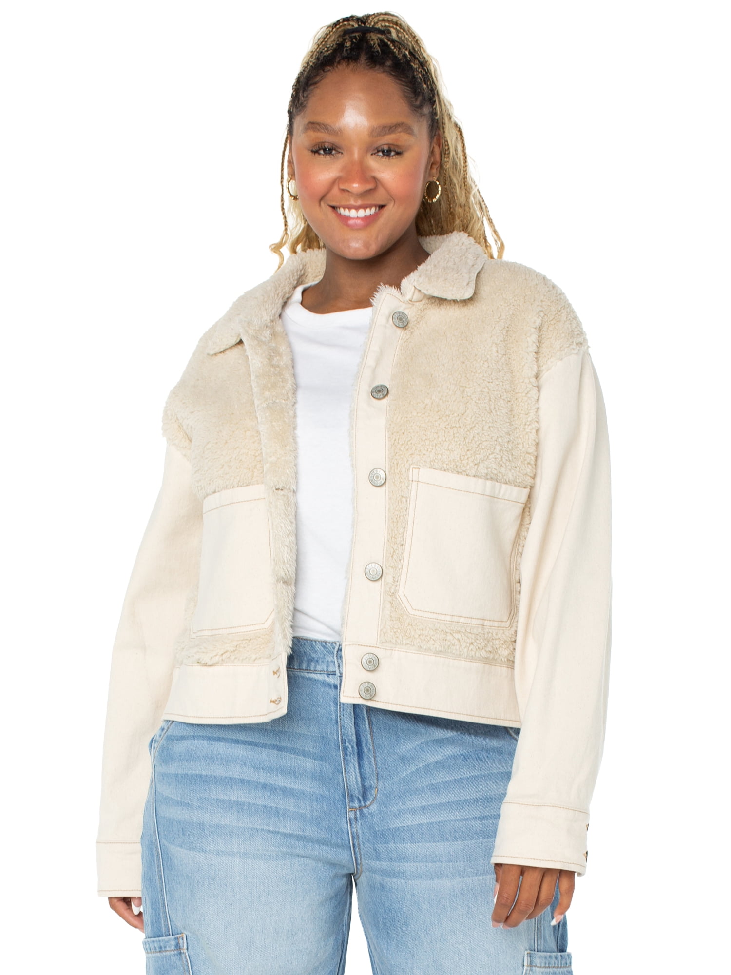 Celebrity Pink Women's and Women's Plus Faux Shearling Denim Jacket, Sizes XS-4X