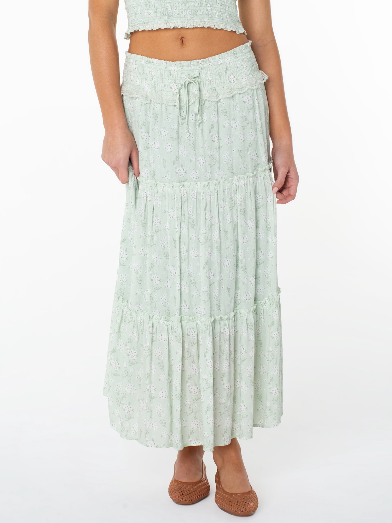 Celebrity Pink Women's and Women's Plus Floral Print Tiered Maxi Skirt, Sizes XS-4X