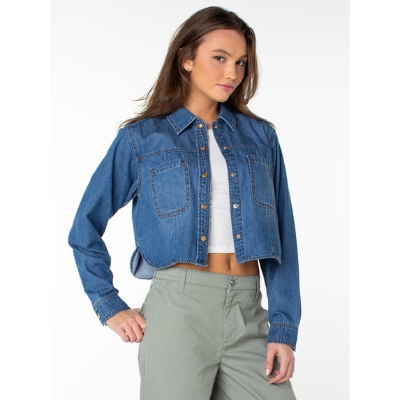 Celebrity Pink Women's and Women's Plus Hi Low Button Down Denim Top, Sizes XS-4X