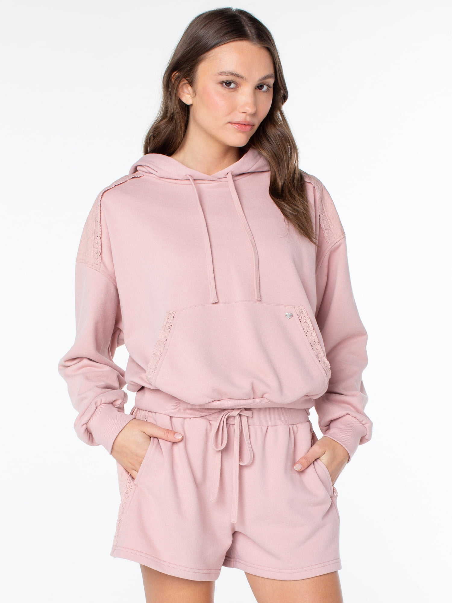 Celebrity Pink Women's and Women's Plus Lace Trim Hoodie Sweatshirt, Sizes XS-4X
