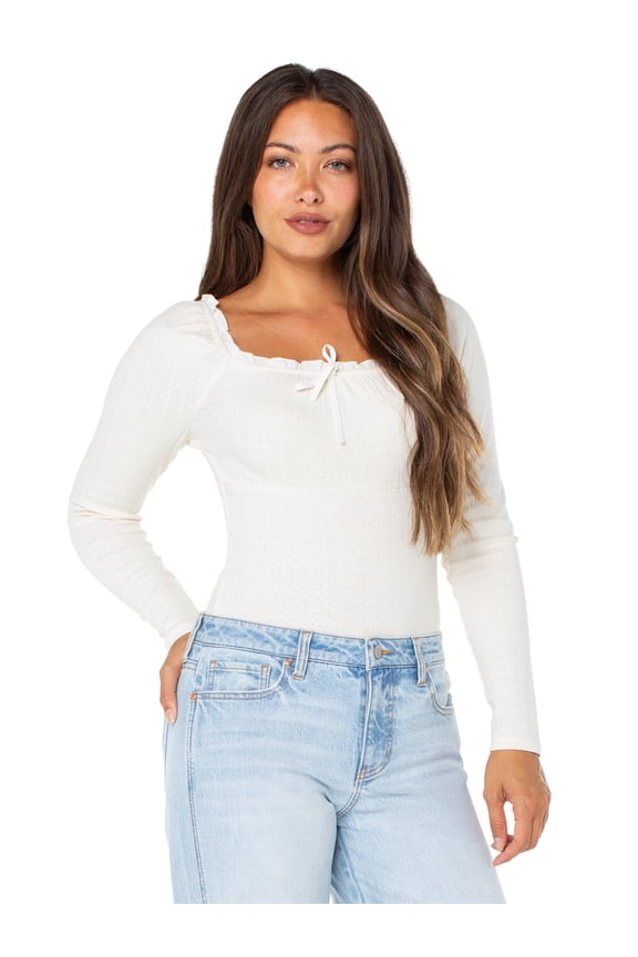 Women's and Women's Plus Puff Long Sleeve Pointelle Bodysuit, Sizes XS-XXXL