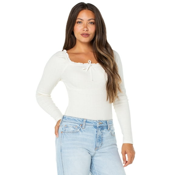 Celebrity Pink Women's and Women's Plus Puff Long Sleeve Pointelle Bodysuit, Sizes XS-XXXL