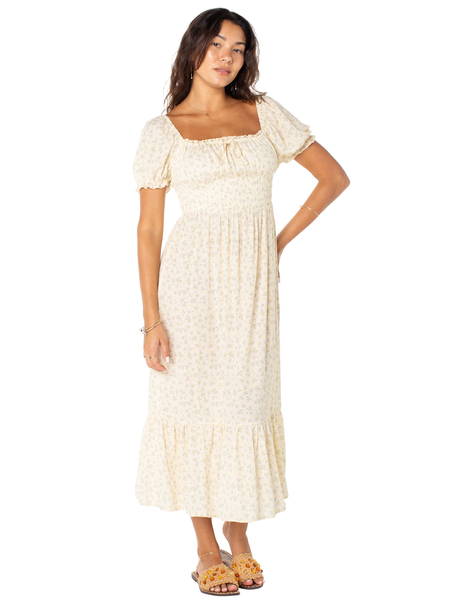 Celebrity Pink Women's and Women's Plus Puff Sleeve Smocked Midi Dress, Sizes XS-XXXL