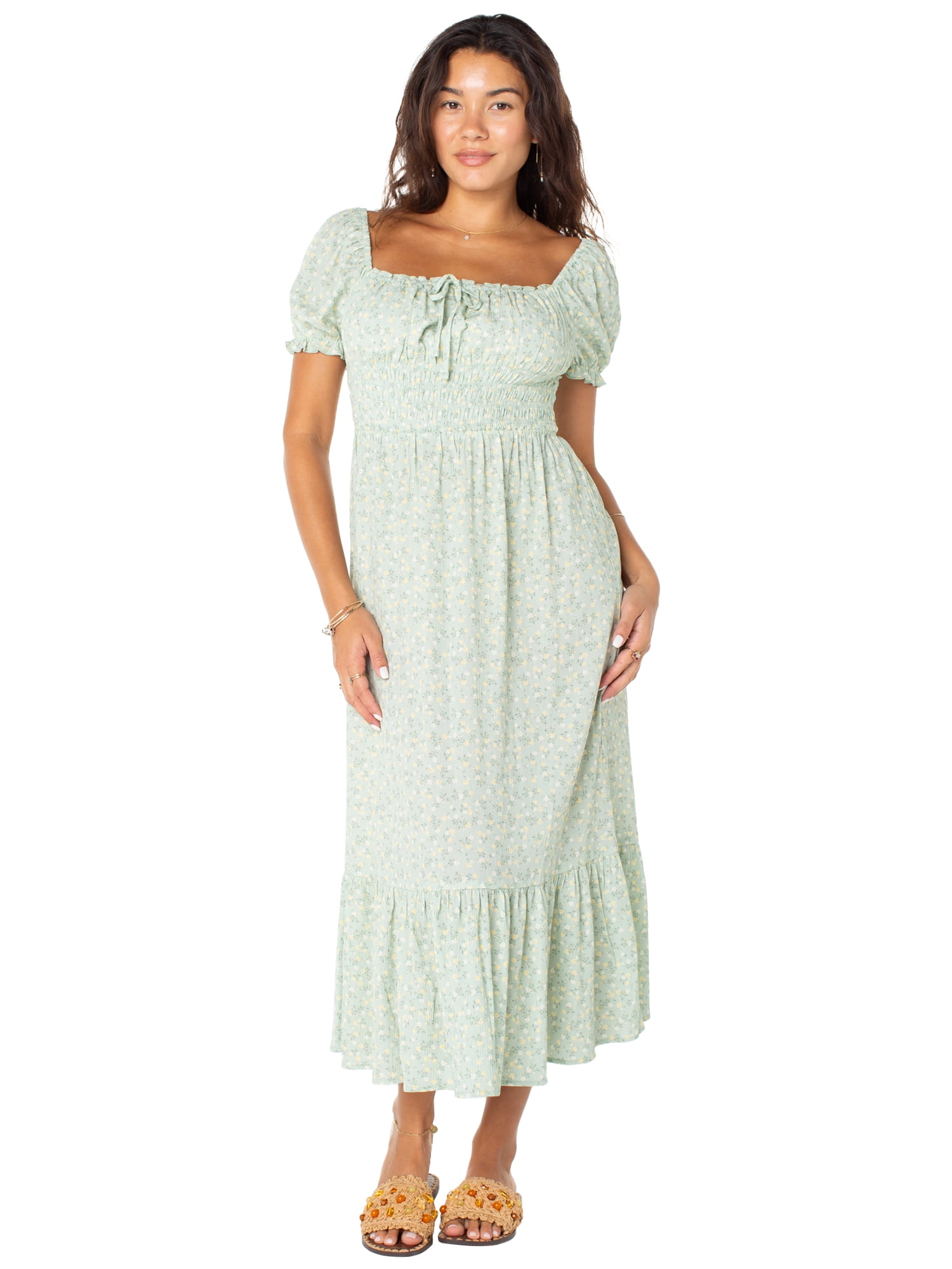 Celebrity Pink Women's and Women's Plus Puff Sleeve Smocked Midi Dress, Sizes XS-XXXL