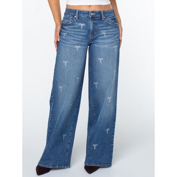 Celebrity Pink Women's and Women's Plus Stone and Pearl Bow Wide Leg Jeans, Sizes 1-24W